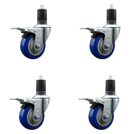 Service Caster 3.5'' SS Blue Poly Swivel 1-5/8'' Expanding Stem Caster Set Total Lock Brake, 4PK SCC-SSEXTTL20S3514-PPUB-BLUE-158-4